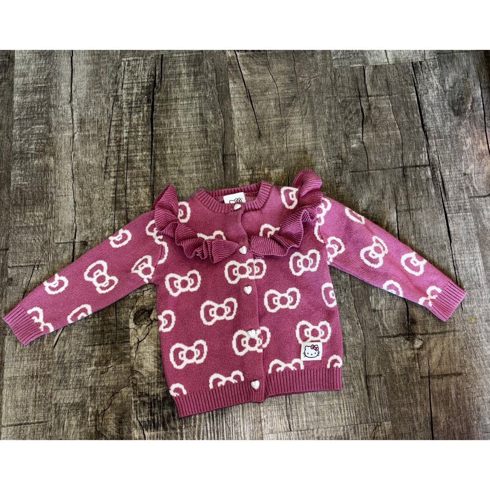 Hello Kitty Sanrio Toddler Girls Pink Bow Print Ruffle Cardigan Sweater 2T